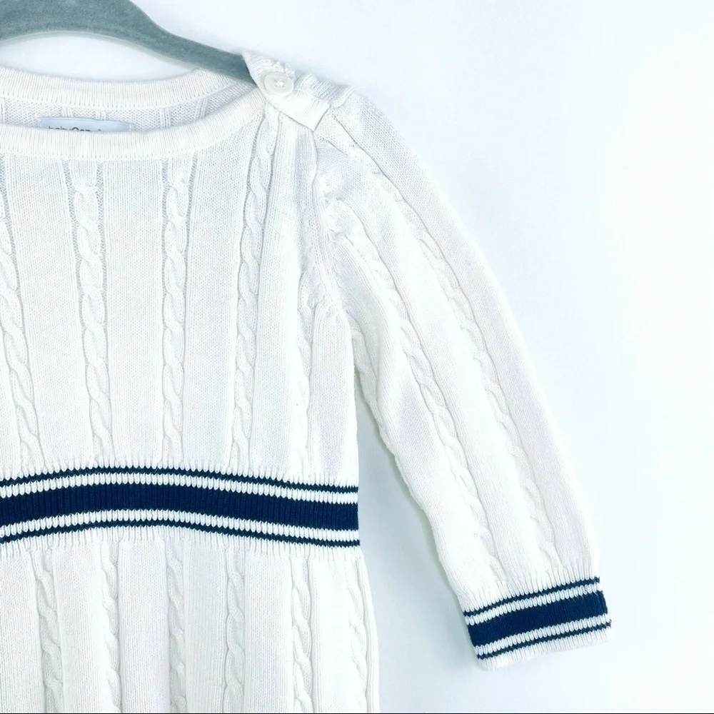 Baby Gap Ivory Frost Navy Cable Knit Long Sleeve Dress Ruffle Hem Sz 6-12 Mo